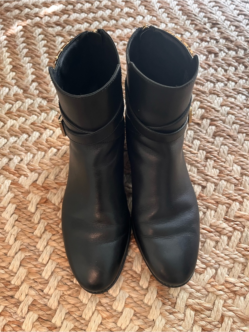 Tory Burch Black Leather Ankle Booties with Gold Buckle, 1” heels.